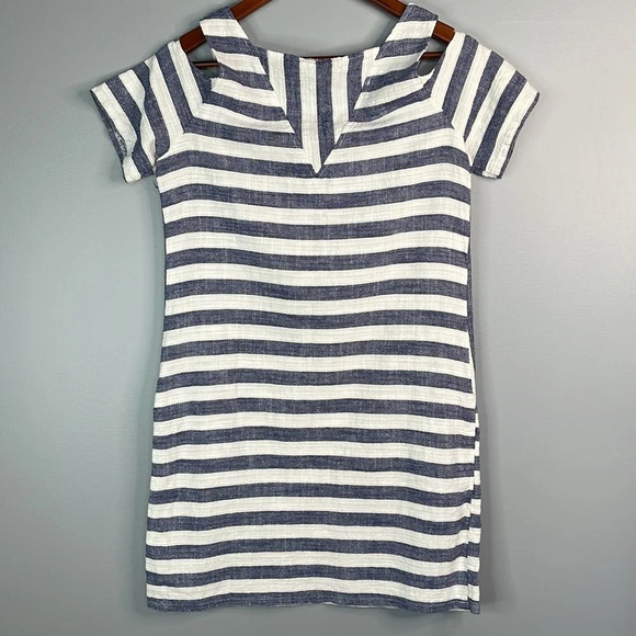 KENAR Linen Blend Striped Mini Dress Blue Oatmeal Cutouts Pockets Coastal Size M - Picture 6 of 11